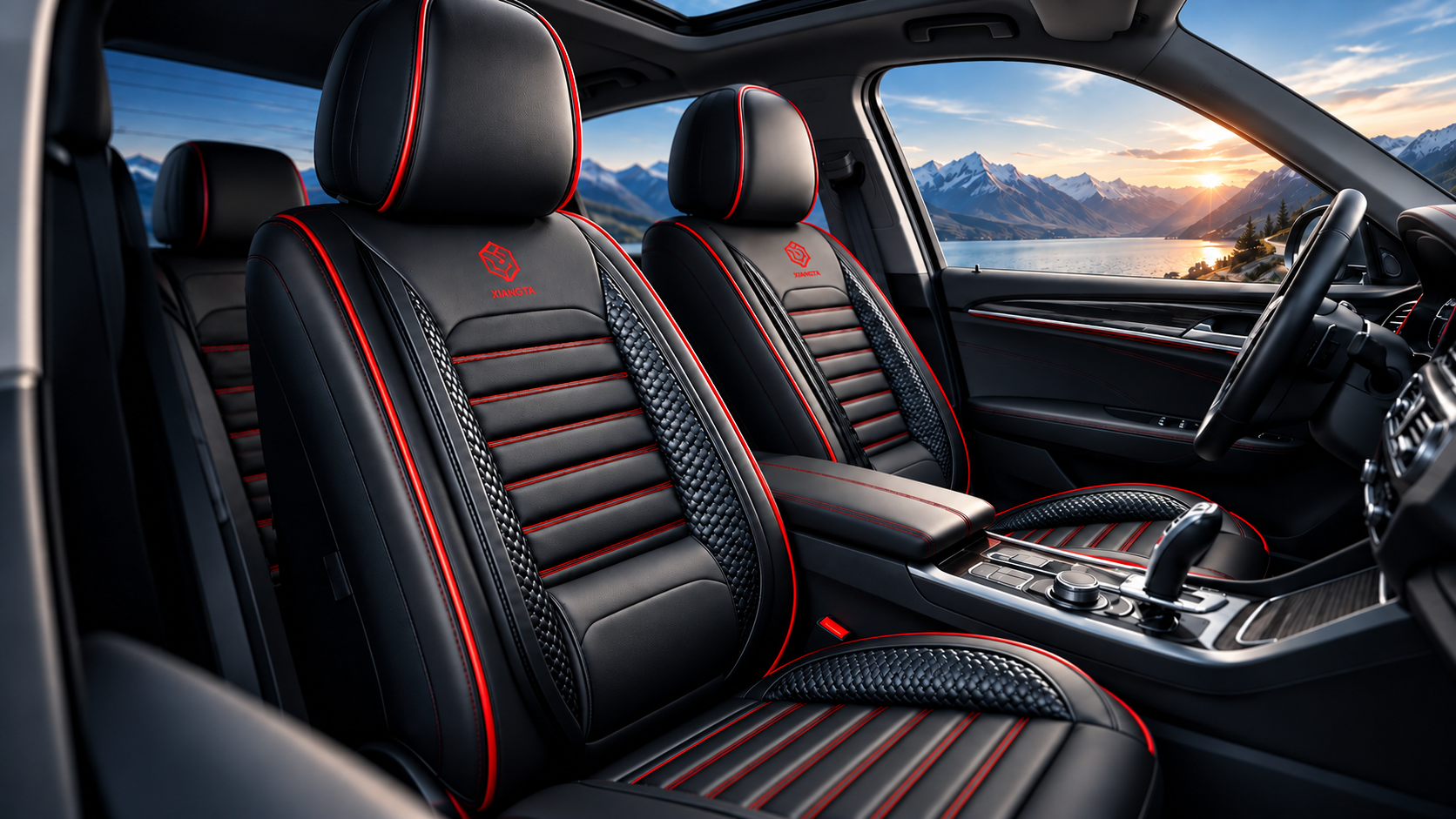 Black XIANGTA car seat covers with red stitching inside a car