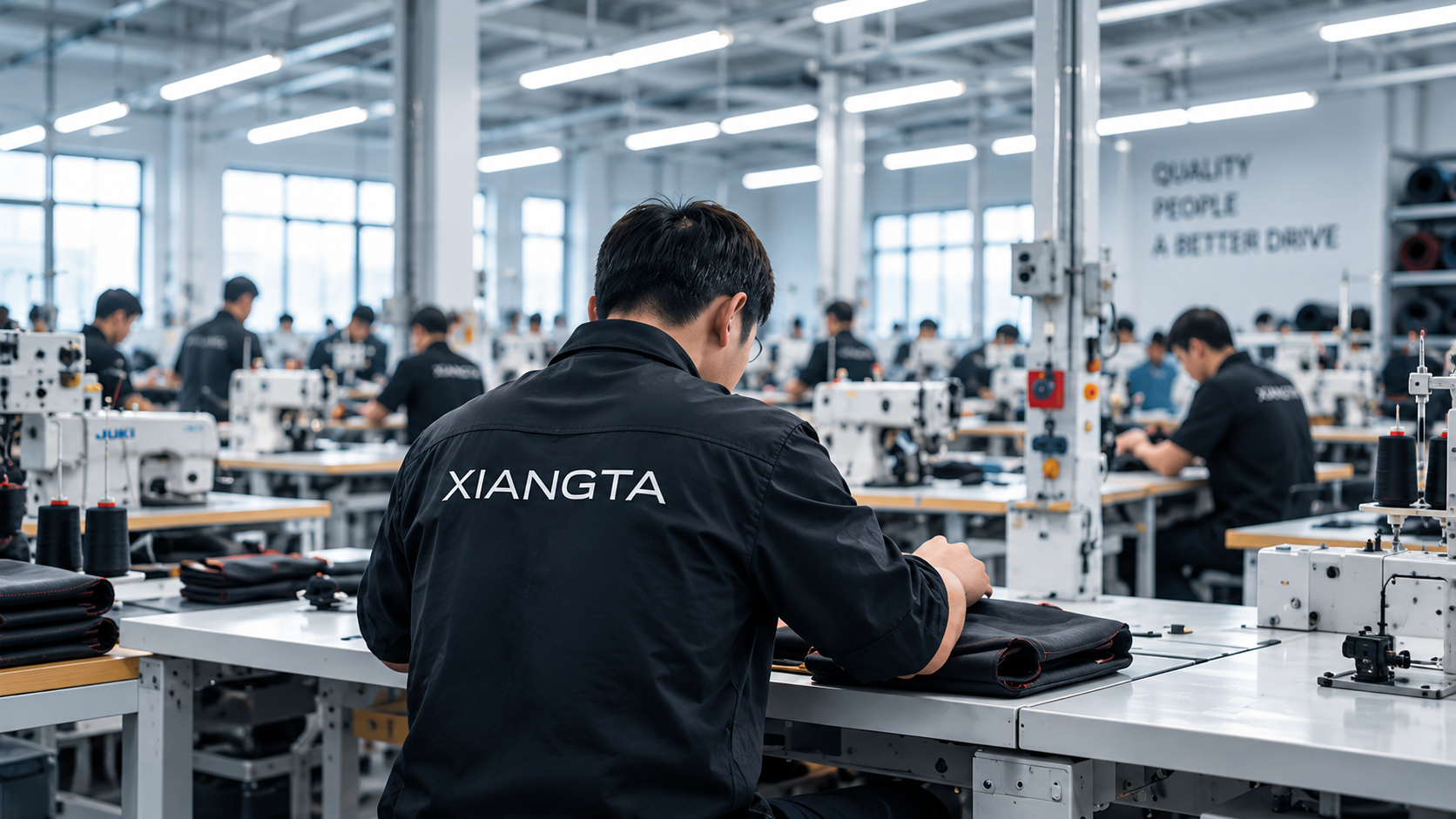 Factory worker wearing XIANGTA while making seat covers