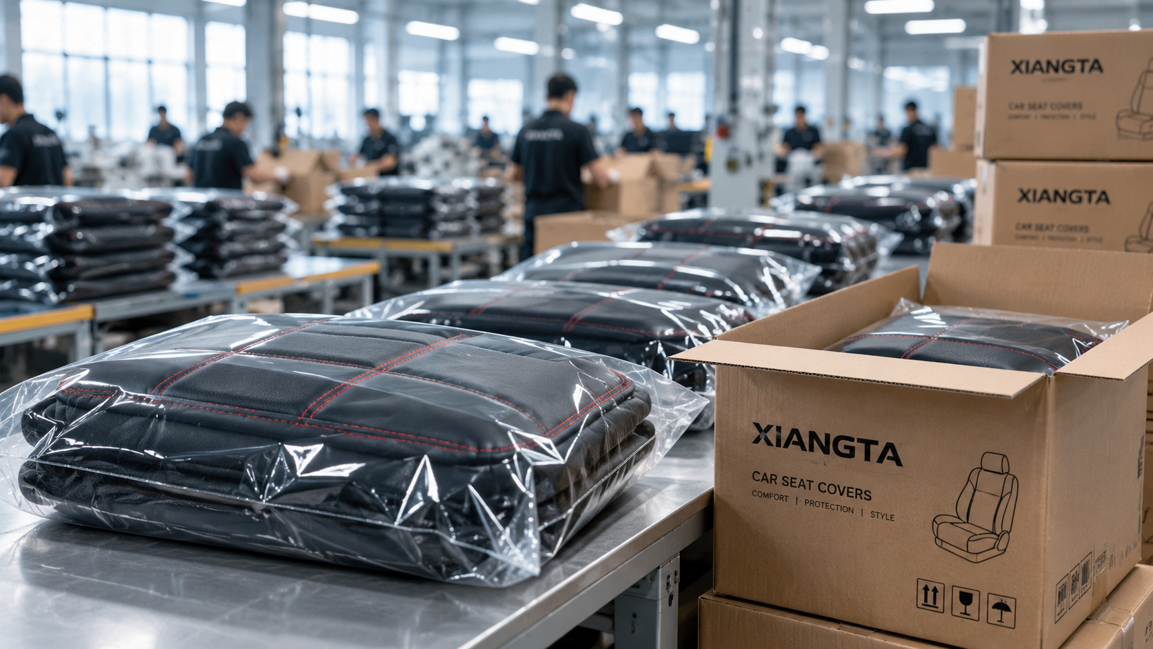 Finished seat covers beside XIANGTA packaging boxes