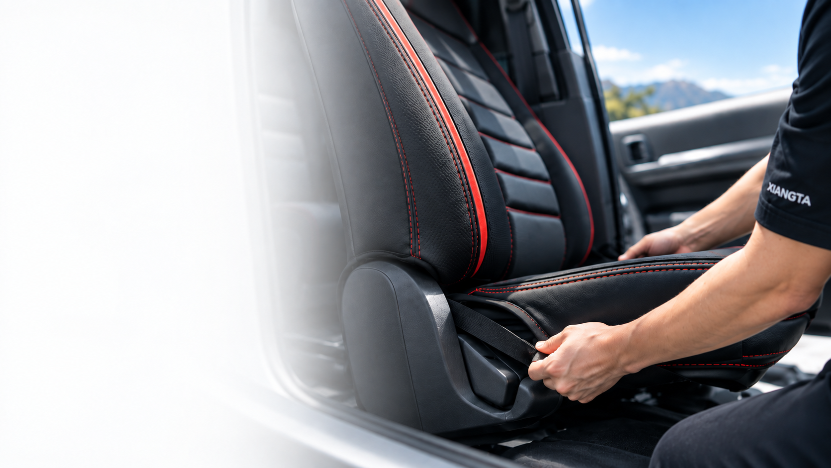 Installing a XIANGTA seat cover by hand inside a car
