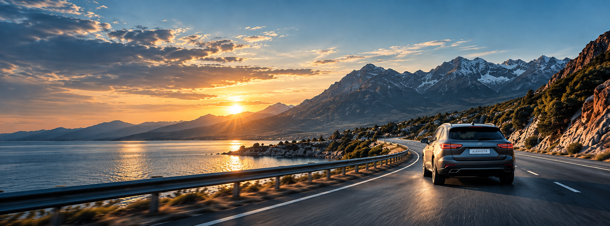 A car driving beside a mountain lake at sunset